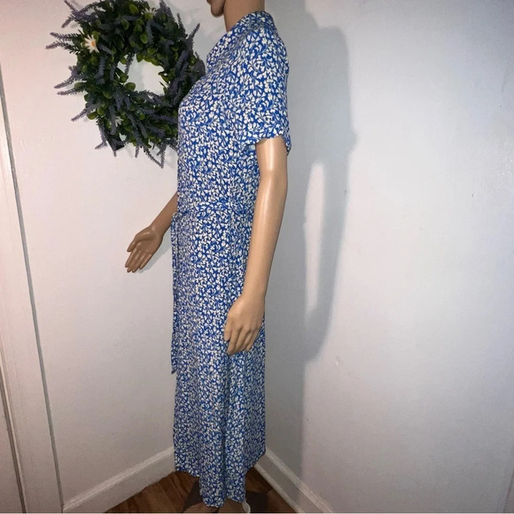 Marquis, S,pocketed leaf print full button front cuff short sleeve belted midi - Picture 3 of 9